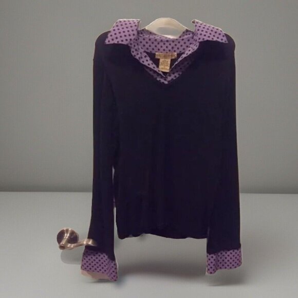 Womens Medium Notations Black Sweater Purple Polka Dot Collared Accents - Picture 1 of 2